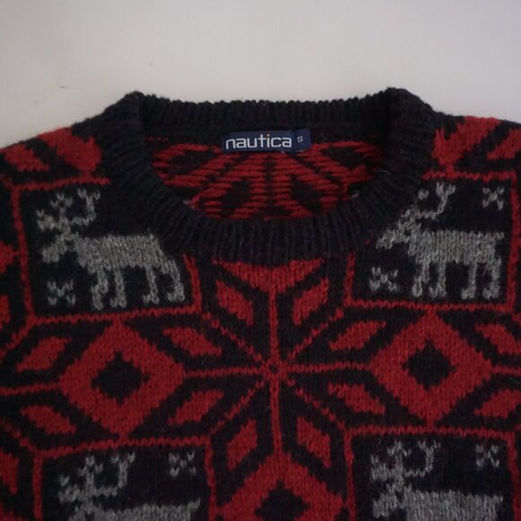 Nautica Red Black Wool Blend Moose Nordic Knit Sweater Men’s SM Winter Holiday - Picture 9 of 10